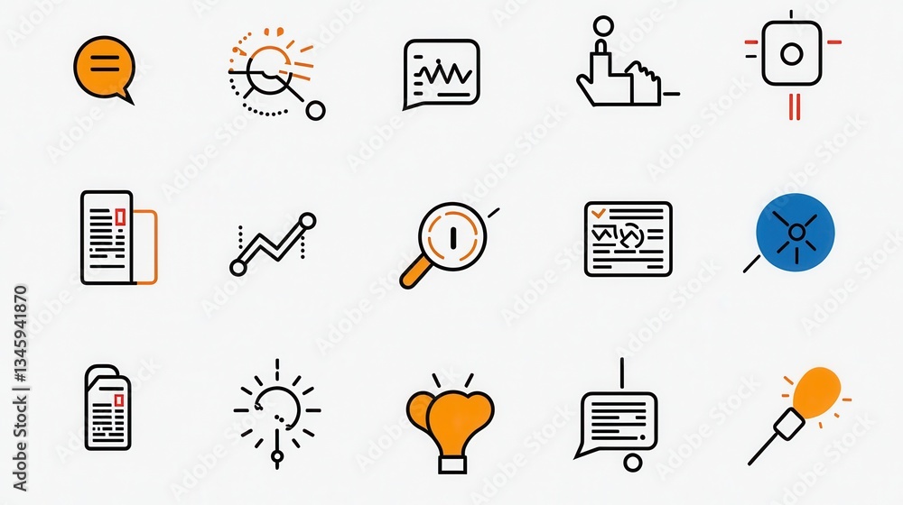Aufkleber a collection of simple monochrome outline icons depicting various elements of analysis presentation 