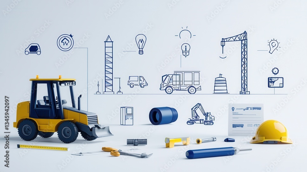 Poster an assortment of construction tools equipment and a forklift hardhat and blueprint displayed on a wo