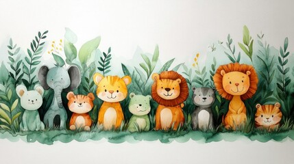 Naklejka premium Adorable Watercolor Jungle Animals Nursery Art Print