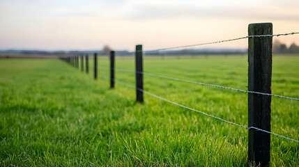 Wooden Fence Posts And Barbed Wire In Green Grass Field With Horizon Under Soft Daylight Sky