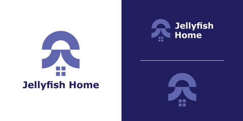 jellyfish and house logo design, simple construction logo, icon, symbol, idea, creative.