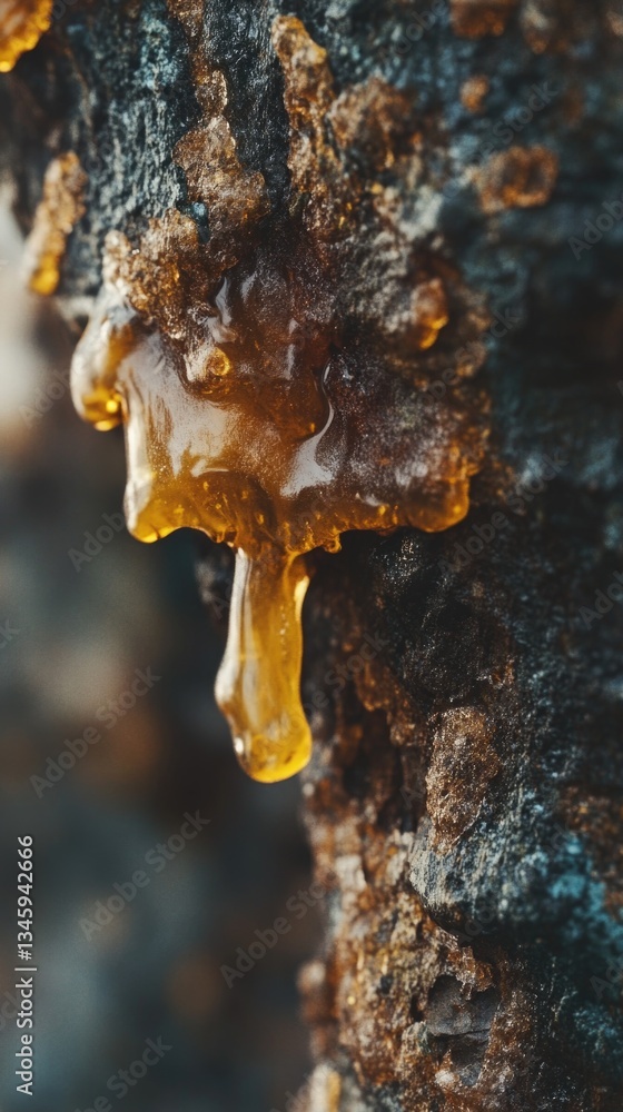 Poster a single drop of honey is seen dripping from a tree branch, highlighting the sweetness and natural b