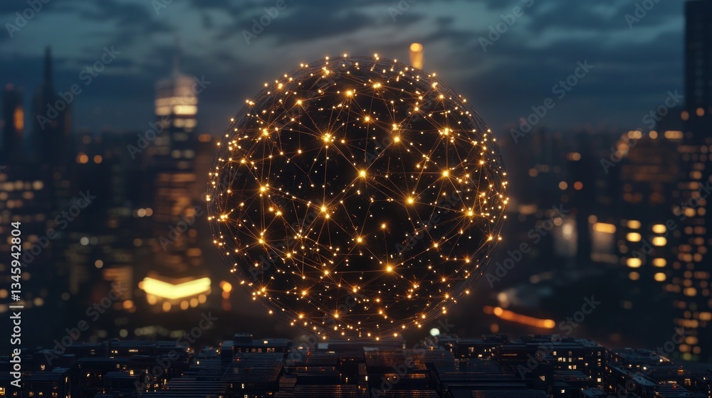 Poster illuminated sphere with network connections over a nighttime city.