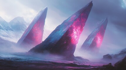 Three tall glowing monoliths dominate a mysterious landscape with mountains