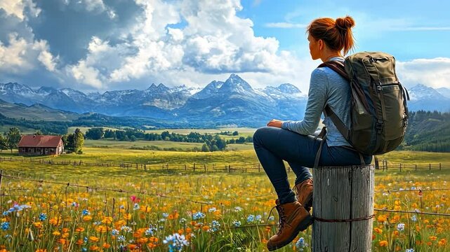 Explorer's Vista: A solo hiker sits atop a fence post, taking in the majestic beauty of a mountain range and the idyllic scenery of the wildflowers in the foreground.