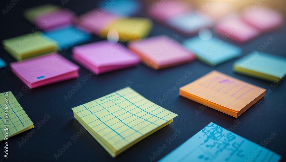 Poster colorful sticky notes arranged on a table for brainstorming ideas in a creative workspace