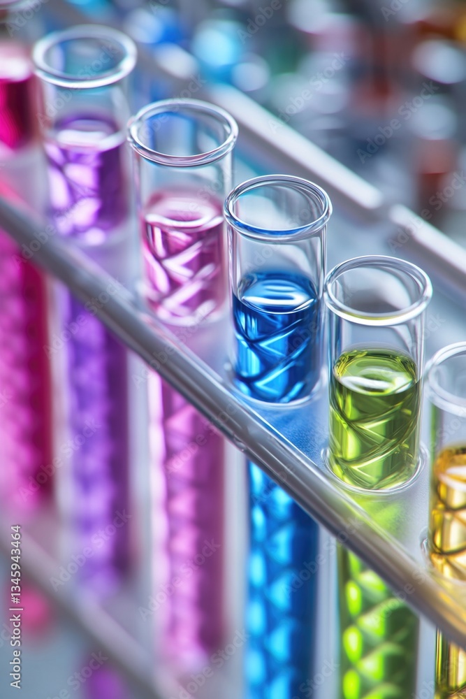 Poster a collection of test tubes containing various colored liquids, suitable for use in medical or scient