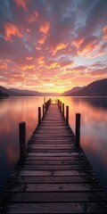 Fototapeta premium A serene wooden dock extends into a tranquil lake, surrounded by majestic mountains and a breathtaking sunset