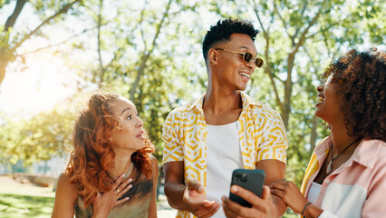 Friends, surprise and laughing with phone at park for social media gossip, online drama and funny...