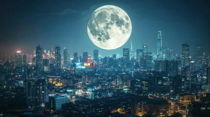 Obraz premium A massive illuminated moon hovering over a vibrant city skyline