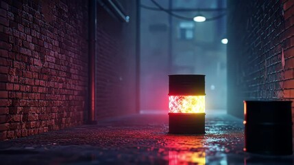 Dark urban alley with glowing cube, wet cobblestones reflecting the streetlight at night.