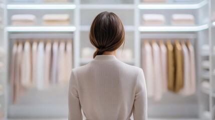 Fashion inspiration woman in modern closet stylish apparel minimalist environment elegant perspective fashion concept exploration