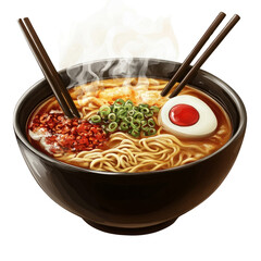Steaming hot ramen noodles with egg, green onions, and chili in a black bowl isolated on transparent background.