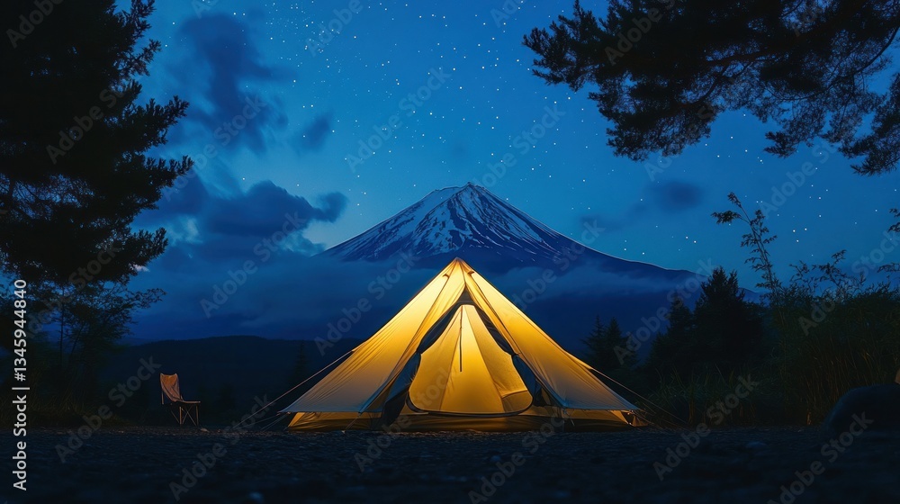 Poster illuminated tent at night with mountain view and starry sky.
