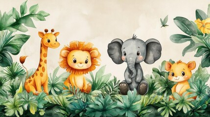 Naklejka premium Adorable Jungle Animals Watercolor Nursery Print