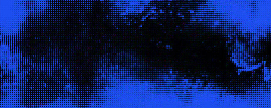 Abstract blue colored background with halftone effect . Brush drawn scratches splatter grunge distressed background. Grainy bold brush strokes texture with small dots. Urban punk vector background
