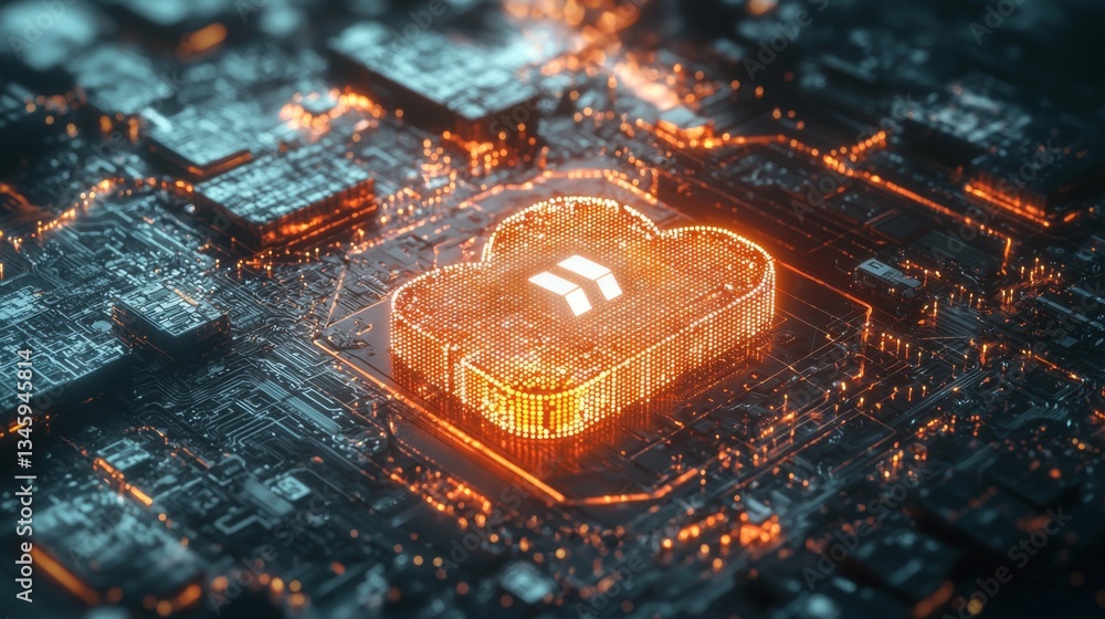 Poster futuristic digital cloud icon surrounded by circuit board elements with glowing lights and data conn