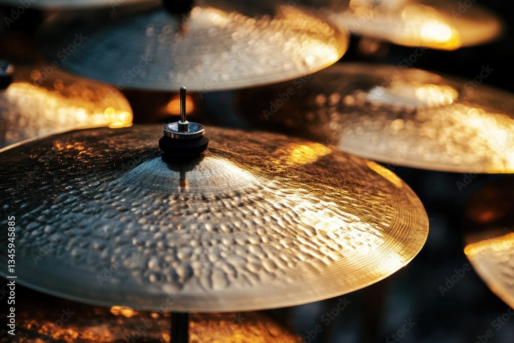 Poster a close-up shot of a bunch of cymbals, suitable for music-related uses or as a decorative element