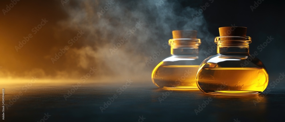 Poster two bottles of liquid sit on a table, awaiting use