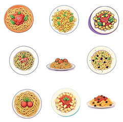 Vsai nine plates of delicious italian pasta dishes with various toppings