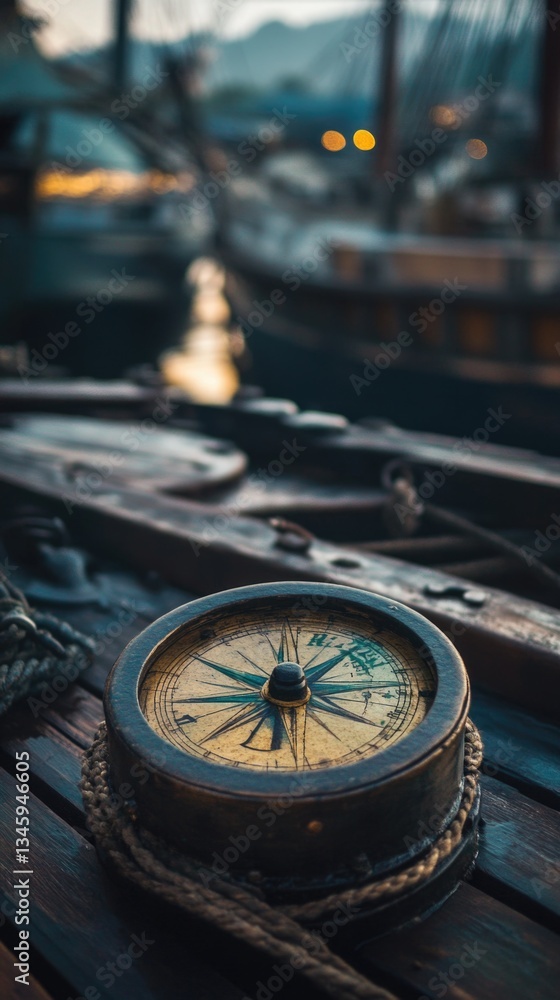 Poster a compass sitting on top of a wooden table, ready for use in navigation or decoration
