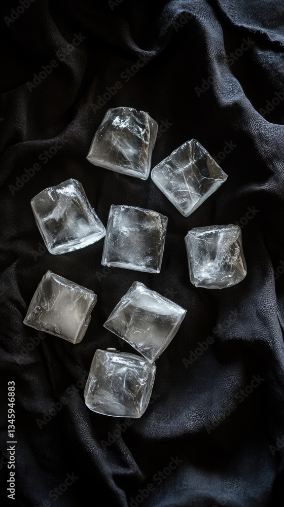 Poster a stack of clear ice cubes resting on a dark fabric
