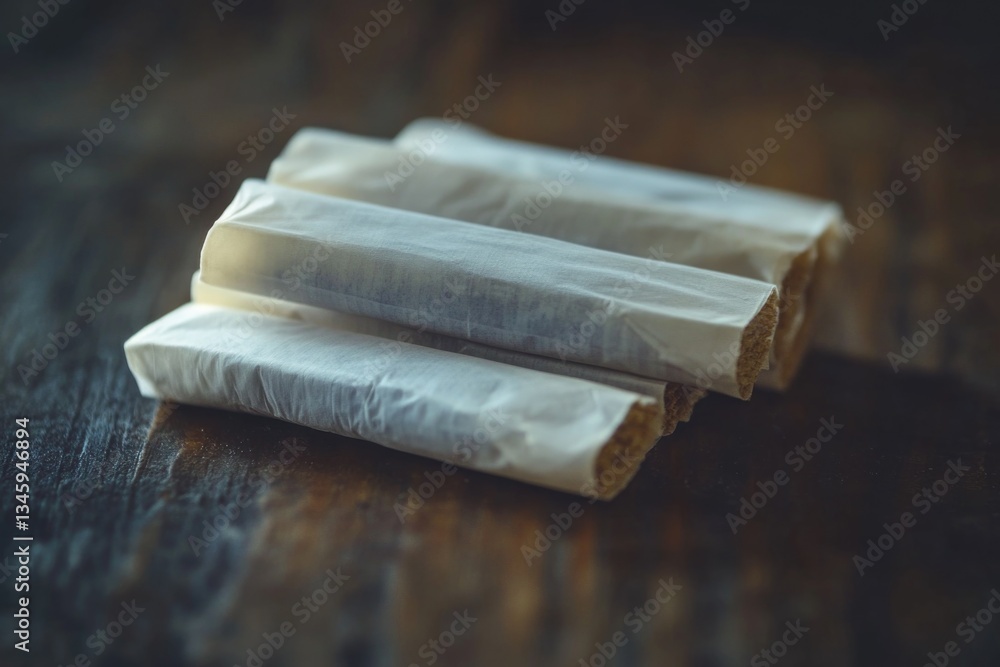 Poster a pair of paper rolls resting on a wooden table, ideal for use as a prop or set dressing