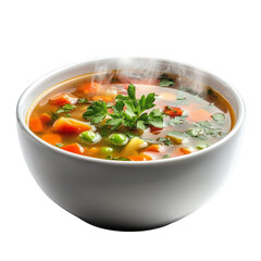 Hot steaming vegetable soup with fresh herbs in a white bowl isolated on transparent background.