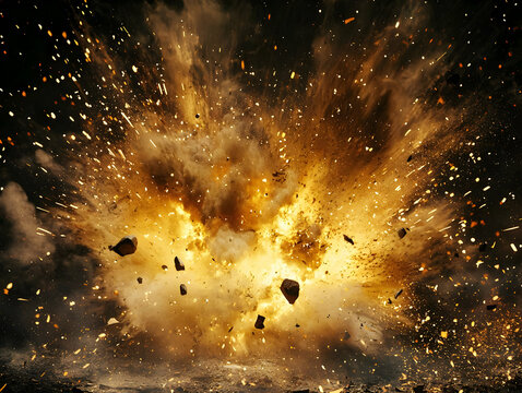 Powerful explosion, fiery debris, dark background, dramatic impact, visual effects
