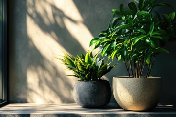 A pair of potted plants sitting on a shelf or ledge, possibly decorative