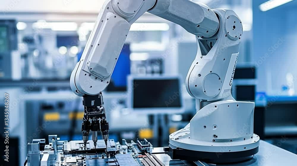 Poster automated robotic arm enhances precision and efficiency in manufacturing processes, showcasing advan
