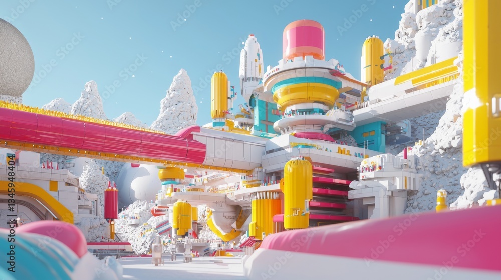 Poster futuristic colorful architecture in snowy landscape with bright structures and playful design elemen