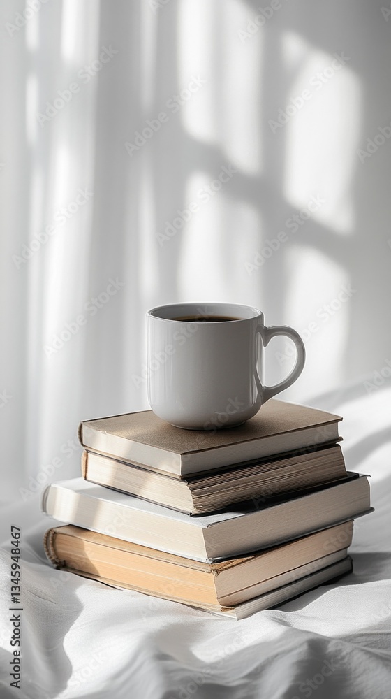 Poster soft sunlight filters through a window, illuminating a stack of well-loved books topped with a steam