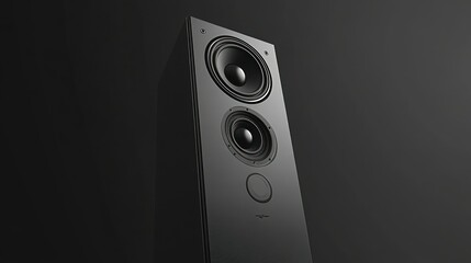 A tall black audio speaker with multiple sound driver components