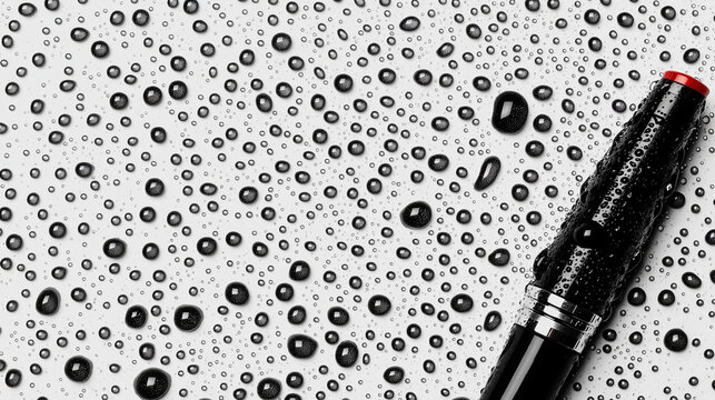 Ink Pen and Rain: A close-up captures an ink pen in a raindrop-covered scene, showcasing the detail of the pen against the droplets. The black and red pen, symbol of precision and craft.