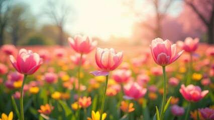 Obraz premium Tulips in a field, pink and yellow, vibrant flowers, sunny day, springtime, nature's beauty, blooming garden, colorful