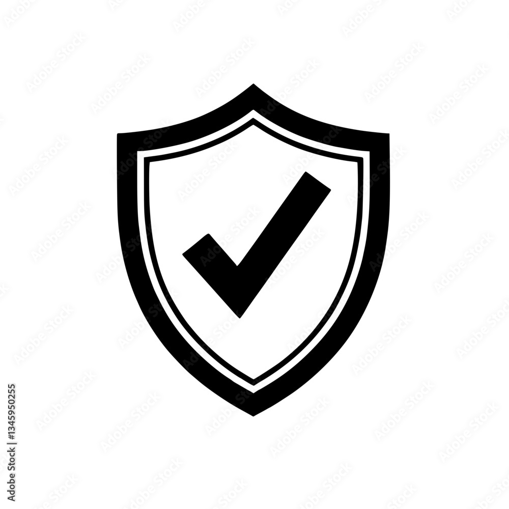 Poster security shield icon: protection and approval represents a safe secure system or validated service w