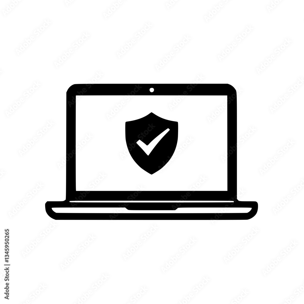 Poster laptop with security shield: represents data protection cybersecurity and secure online activity sym
