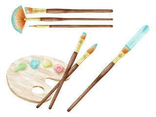 絵の具の筆とパレットのイラストセット