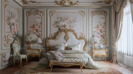 Elegant Pastel and Gold Bedroom Interior with Ornate Floral Wall Paneling