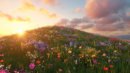 Obraz premium Sunset over a vibrant Wildflower Meadow