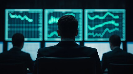 Analyzing market trends stock trading floor digital screens corporate environment back view financial insights
