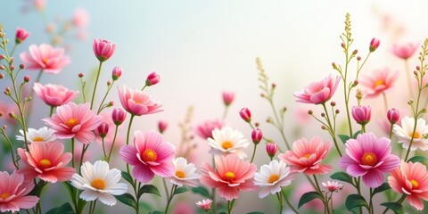 A field of delicate, pink and white flowers with green stems and yellow centers