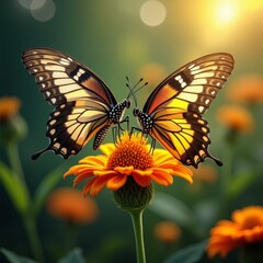 Fototapeta premium Two butterflies on a flower, their wings spread wide in a dance of love and life