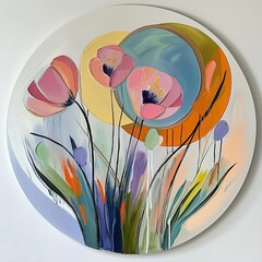 Modern abstract painting of flowers, pink and blue palette, in a circular frame