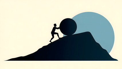 A minimalist silhouette of a figure pushing a boulder uphill, symbolizing struggle, determination, and the endless pursuit of overcoming challenges.