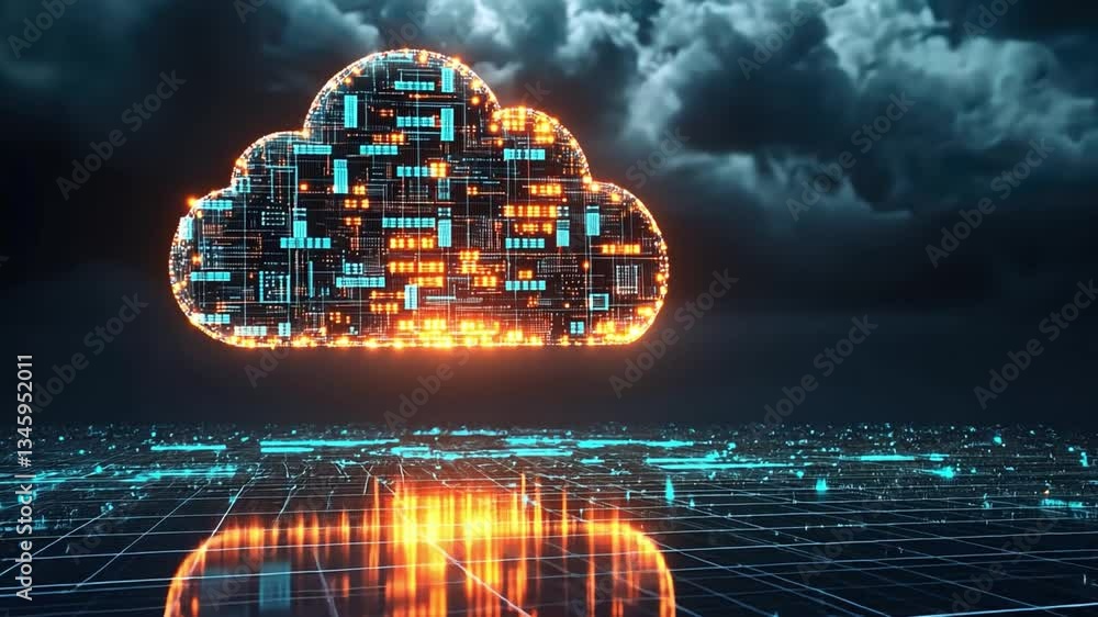 Poster futuristic digital cloud technology showcasing glowing circuits, data streams, and abstract reflecti
