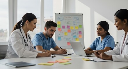 Medical Team Collaborating on Project During Meeting with Whiteboard and Laptop