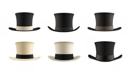 Diverse Collection of Classic Tall Hats in Various Colors and Styles