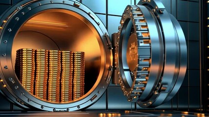 Secure Vault of Gold Coins Metallic Luxury Storage for Wealth and Finance, Showcasing Ultimate Security and Protection in Futuristic Atmosphere. - Powered by Adobe